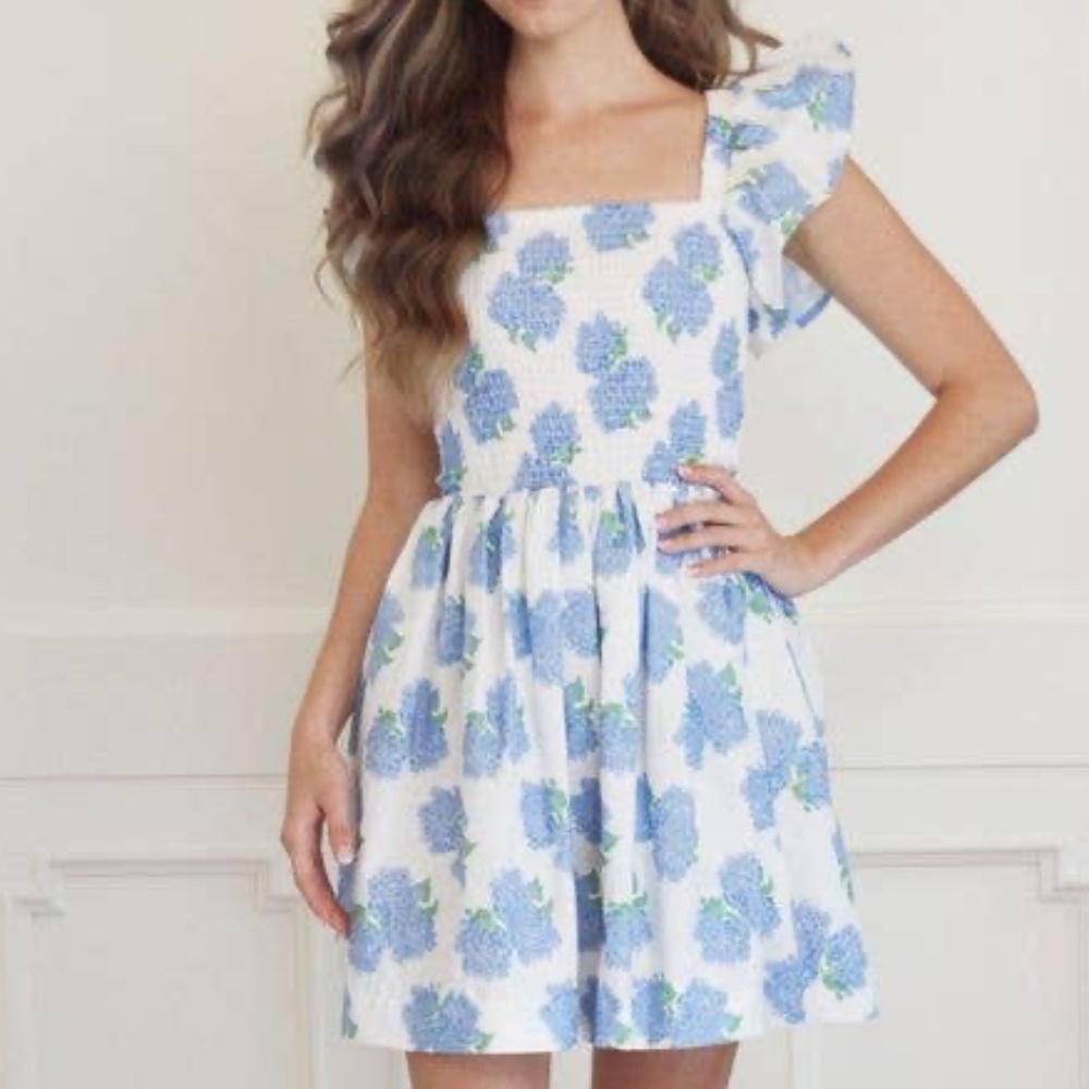 Hydrangea Bow Back Smocked Mini House Dress - Blue